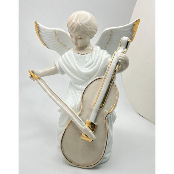 Vintage Porcelain Angel Figurine Playing Cello with Gold Trim Music Musician - Picture 9 of 9